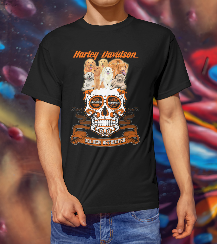 Harley Davidson Golden Retriever Skull Motif T-Shirt