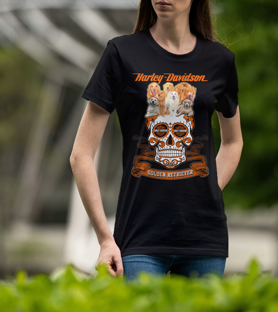 Harley Davidson Golden Retriever Skull Motif T-Shirt