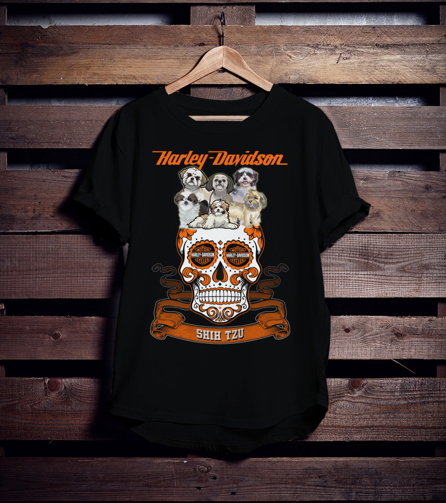 Harley Davidson Shih Tzu Skull With Dogs And Motor Harley Davidson Cycles T-Shirt