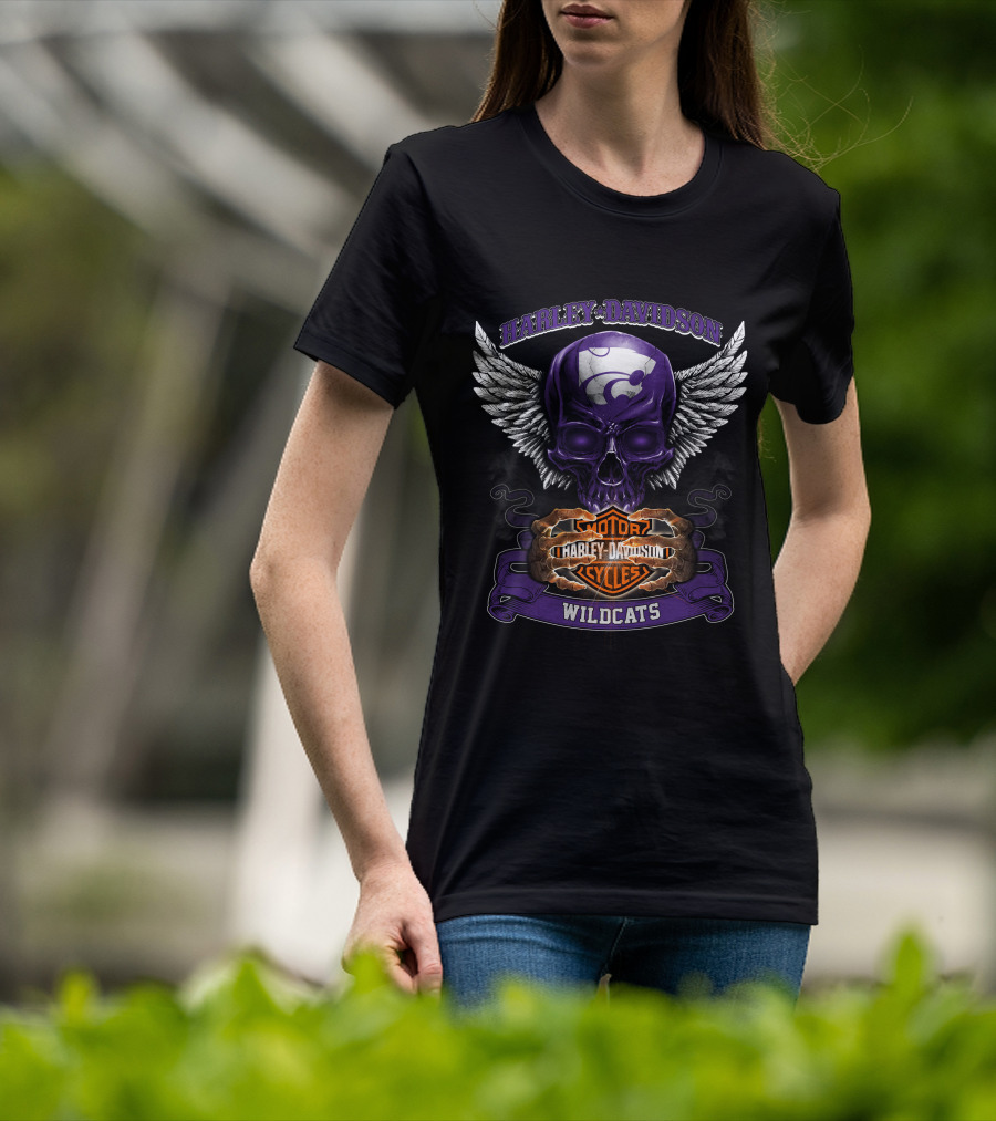 Harley Davidson Kansas State Wildcats Motorcycles Winged Skull T-Shirt
