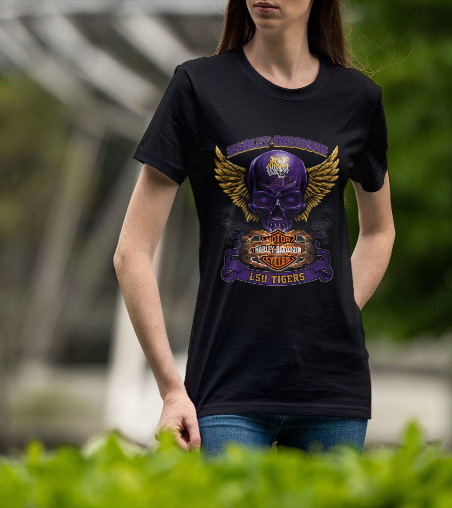 Harley Davidson Lsu Tigers Motorcycles Skull Wings T-Shirt