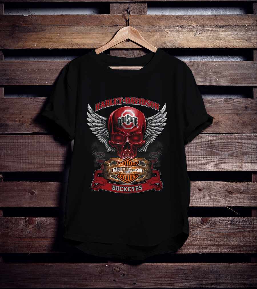 Harley Davidson Ohio State Buckeyes Skull Winged Motorcycles T-Shirt