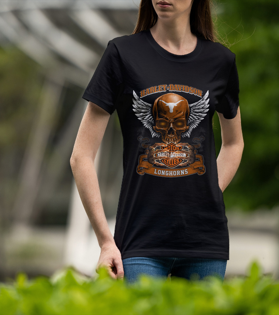 Harley Davidson Longhorns Texas Skull Wings Motorcycles T-Shirt
