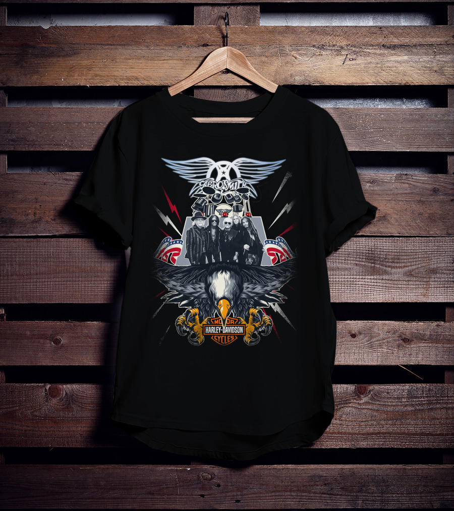 Aerosmith Harley Davidson Motor Cycles Eagle Lightning Band T-Shirt