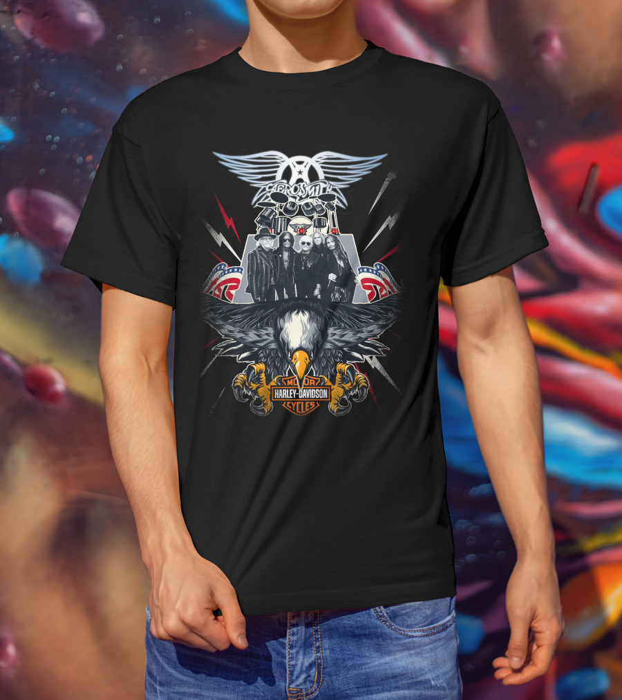 Aerosmith Harley Davidson Motor Cycles Eagle Lightning Band T-Shirt