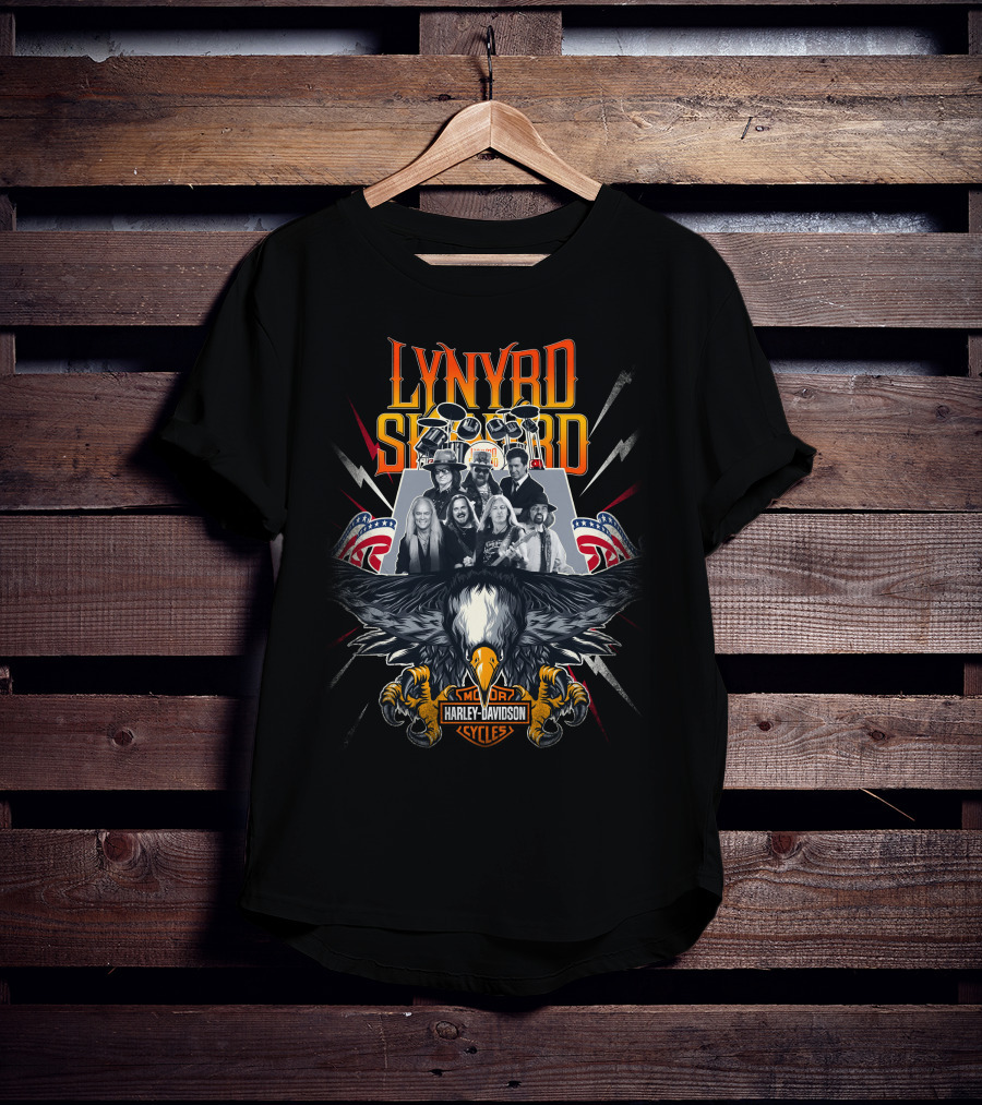 Lynyrd Skynyrd Harley Davidson Motor Cycles Eagle And Band Members With American Flags T-Shirt