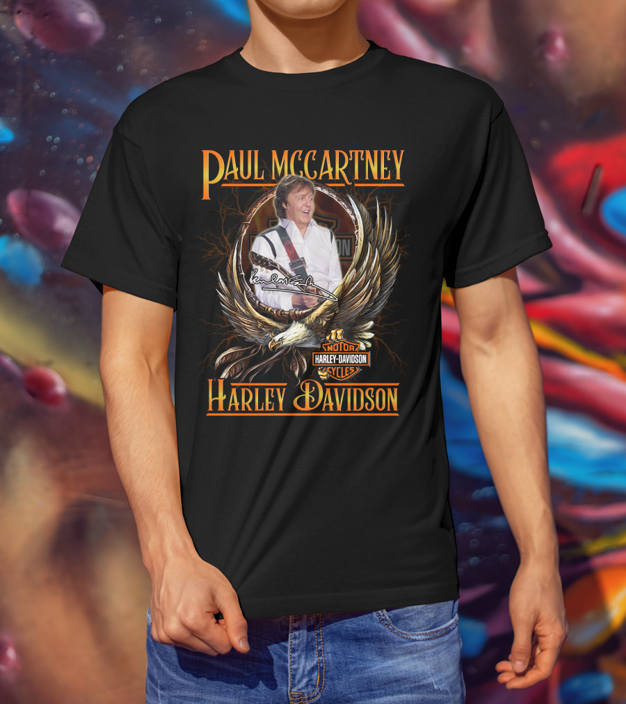 Paul Mccartney Harley Davidson Motor Cycles Eagle Signature T-Shirt