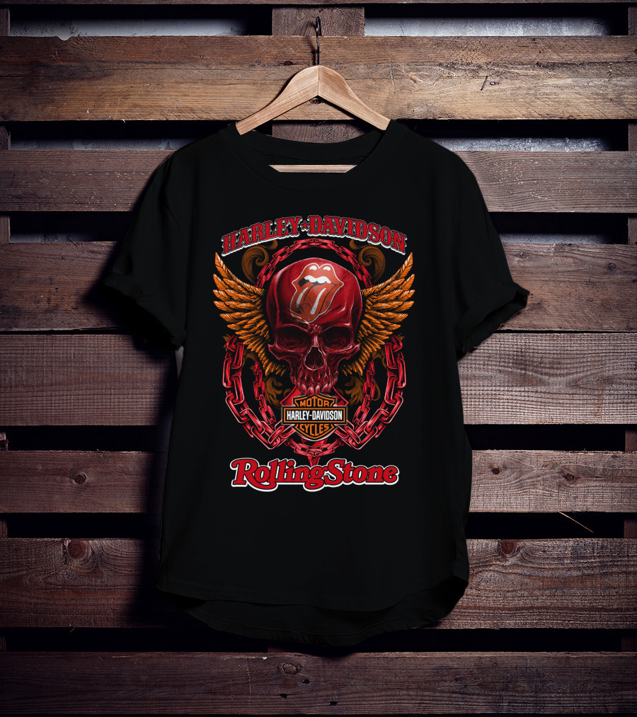 Harley Davidson Motor Cycles Rolling Stone Skull Logo Chains And Flames T-Shirt