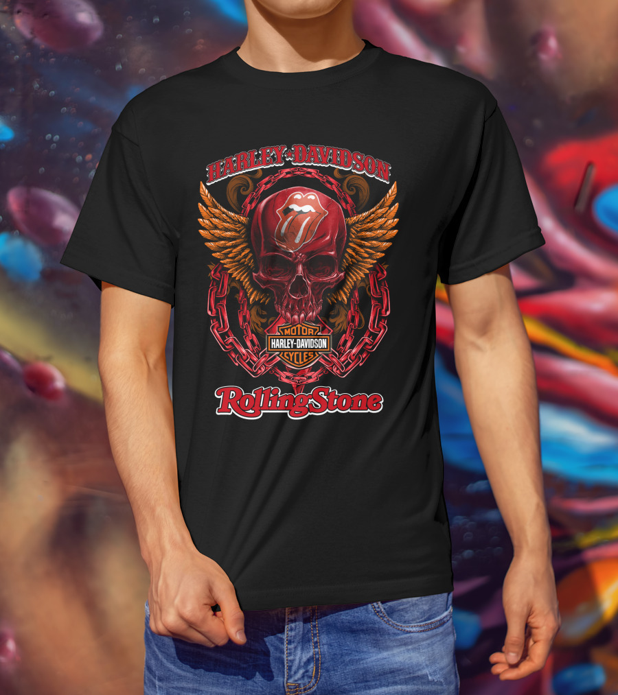 Harley Davidson Motor Cycles Rolling Stone Skull Logo Chains And Flames T-Shirt
