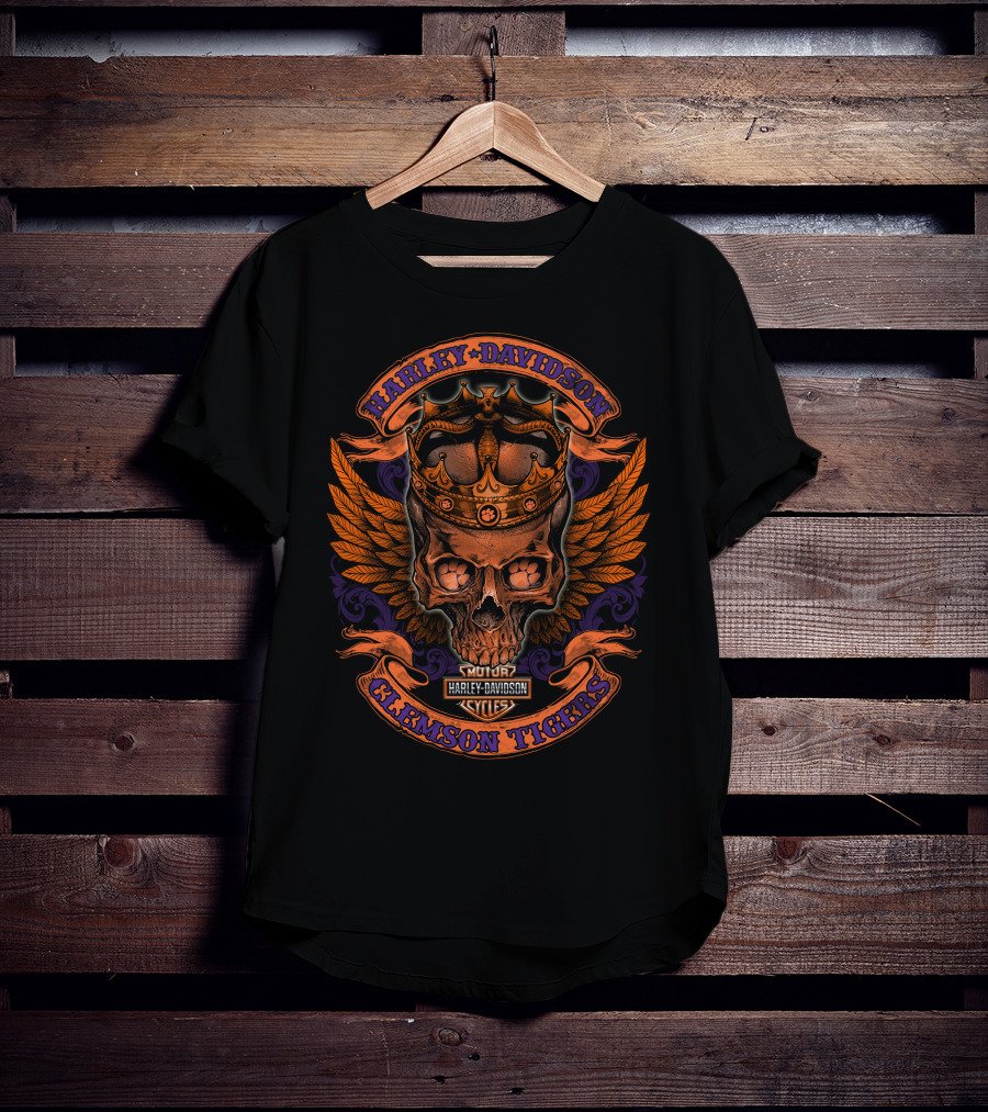Harley Davidson Motor Cycles Skull Crown Clemson Tigers T-Shirt