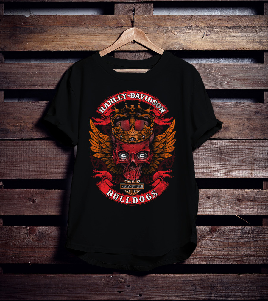 Harley Davidson Bulldogs Skull With Crown And Wings T-Shirt