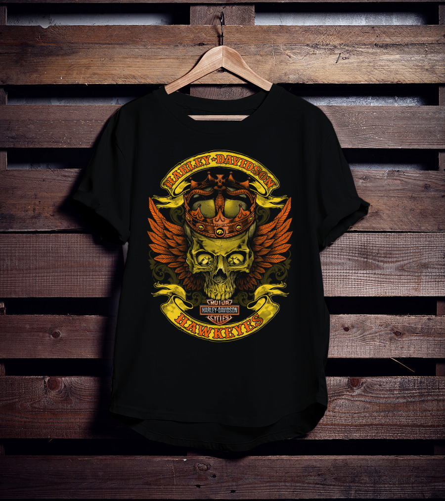Harley Davidson Hawkeyes Skull Crown Wings T-Shirt