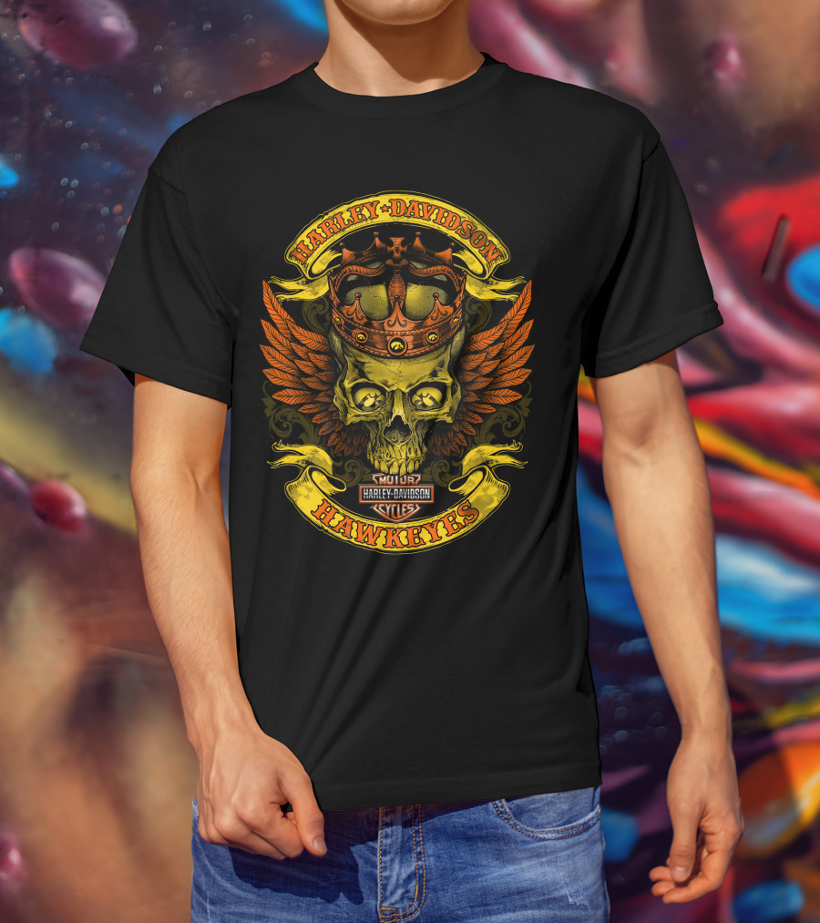 Harley Davidson Hawkeyes Skull Crown Wings T-Shirt