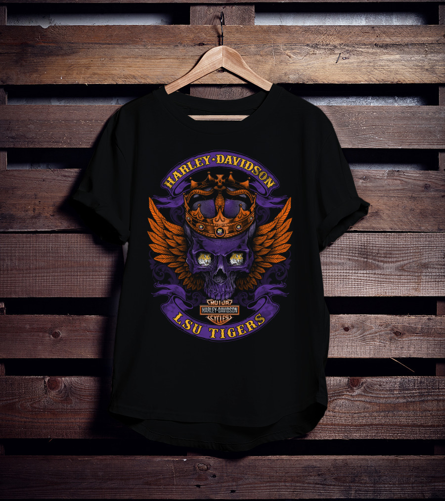 Harley Davidson Lsu Tigers Skull Crown Wings T-Shirt