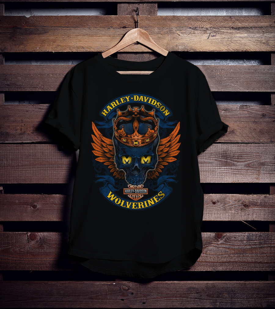 Harley Davidson Wolverines Motor Cycles Skull Crown Wings T-Shirt