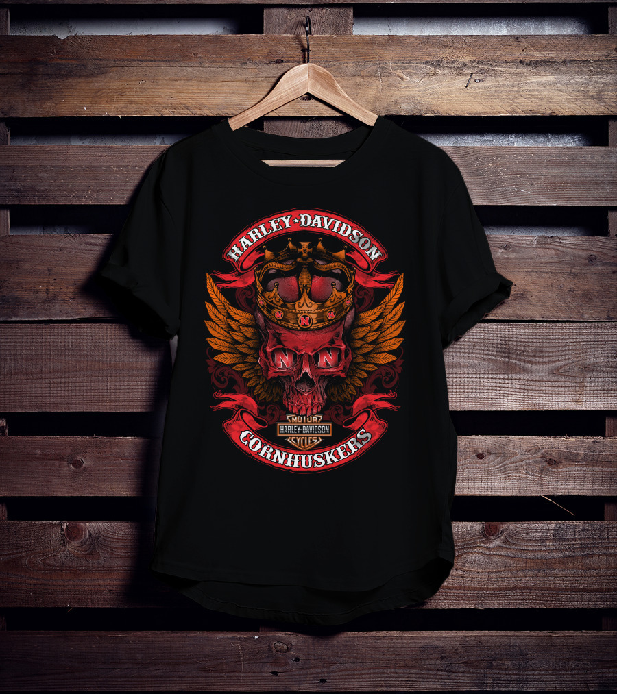 Harley Davidson Cornhuskers Skull Wings Motor Cycles T-Shirt