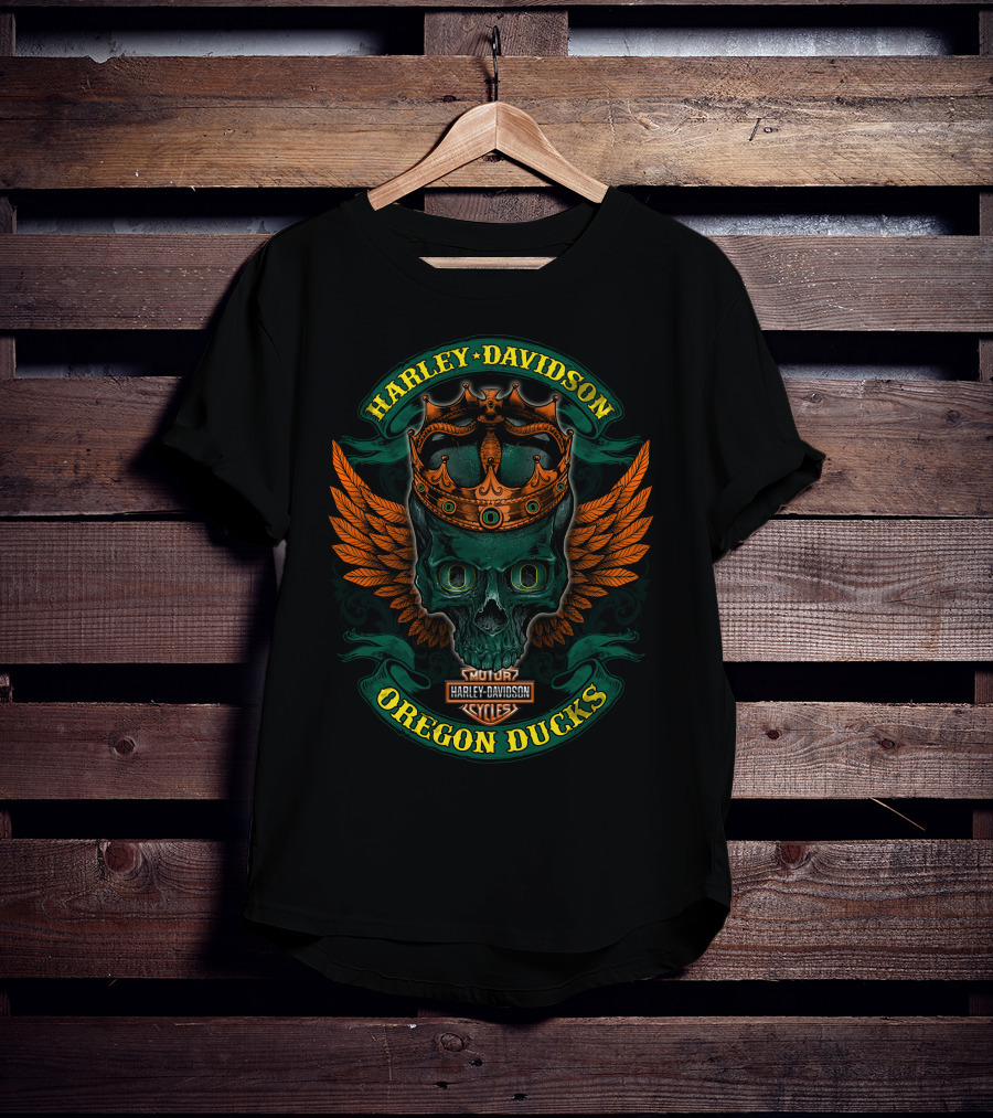 Harley Davidson Oregon Ducks Skull With Crown And Wings T-Shirt