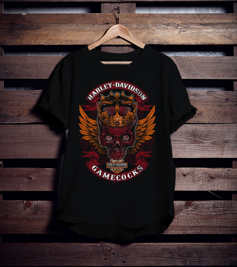 Harley Davidson Motor Cycles Skull Crown Wings Gamecocks T-Shirt