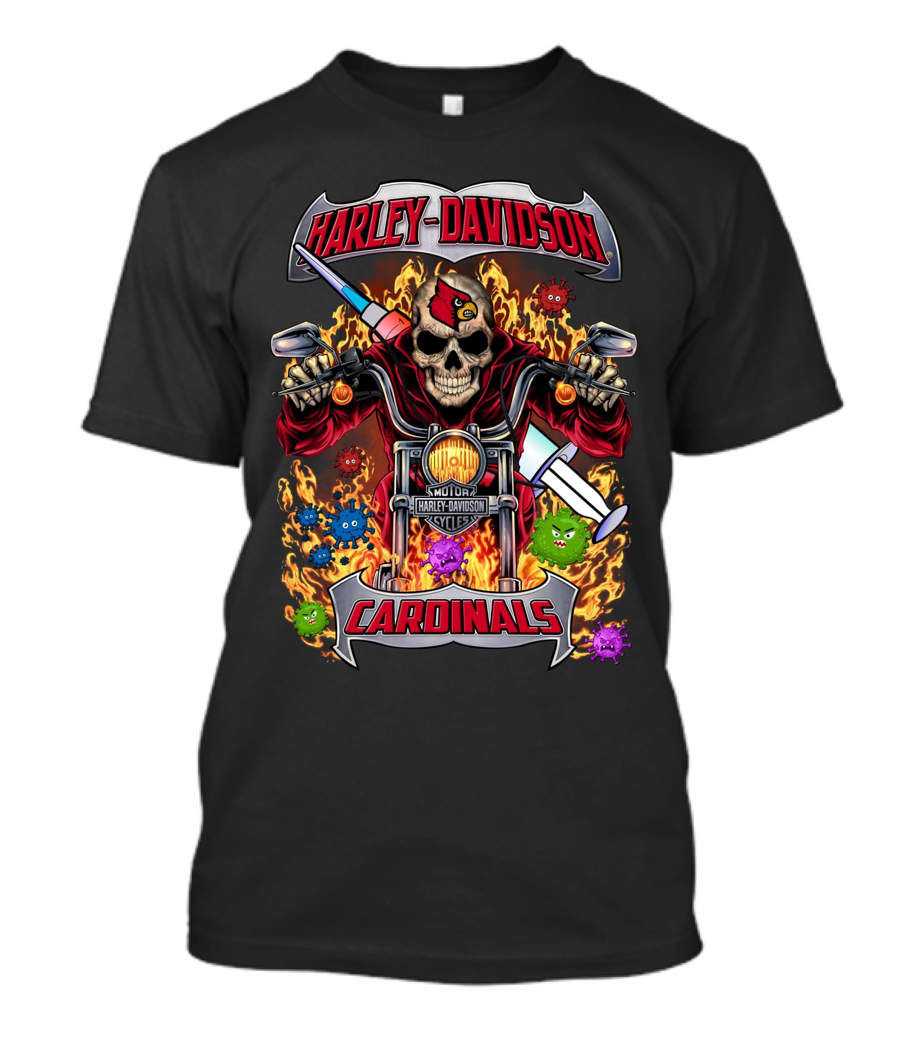 Harley Davidson Motor Cycles Cardinals Skull Flames T-Shirt