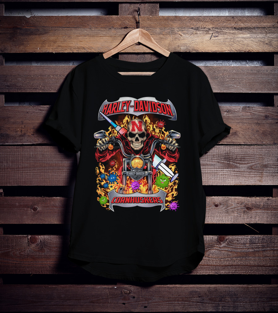 Harley Davidson Nebraska Cornhuskers Skulls Flames Motorcycles T-Shirt