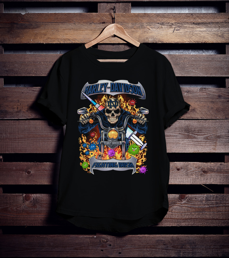 Harley Davidson Notre Dame Fighting Irish Skull Motorcycle Flames Viruses T-Shirt
