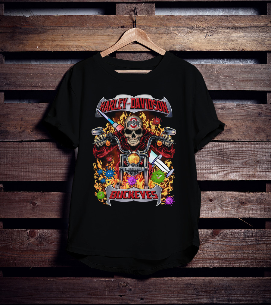 Harley Davidson Ohio State Buckeyes Skeleton Flames Motorcycles T-Shirt