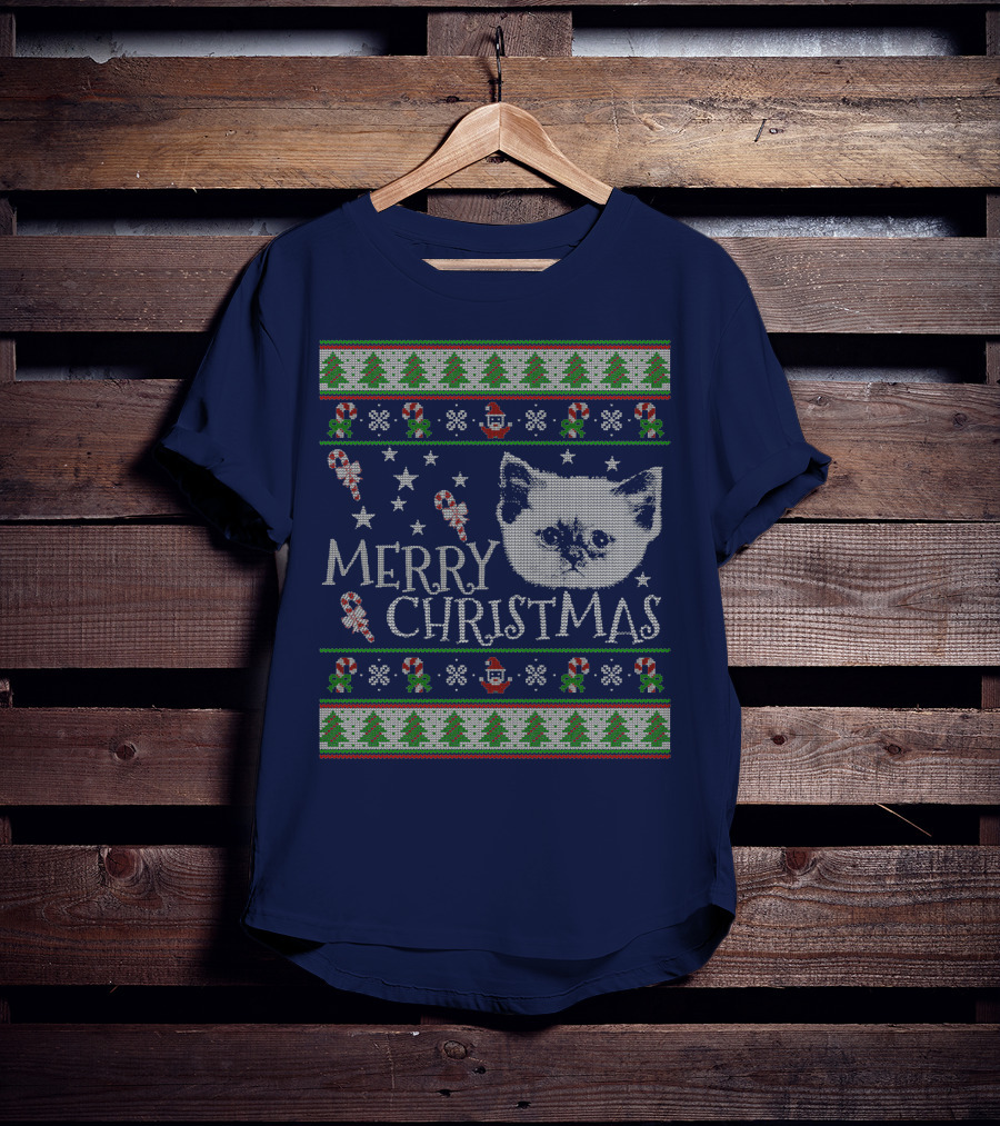 Merry Christmas Cute Persian Kitten Candy Canes Snowflakes Trees T-Shirt