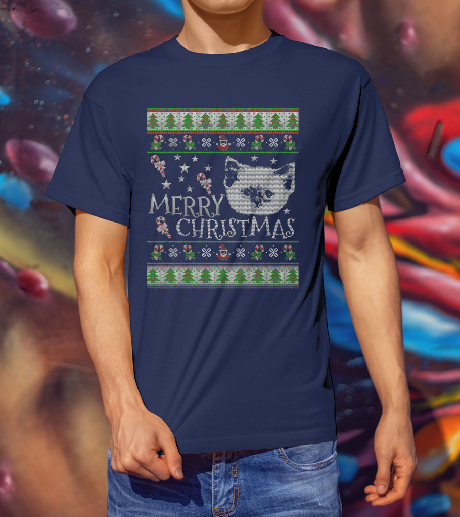 Merry Christmas Cute Persian Kitten Candy Canes Snowflakes Trees T-Shirt