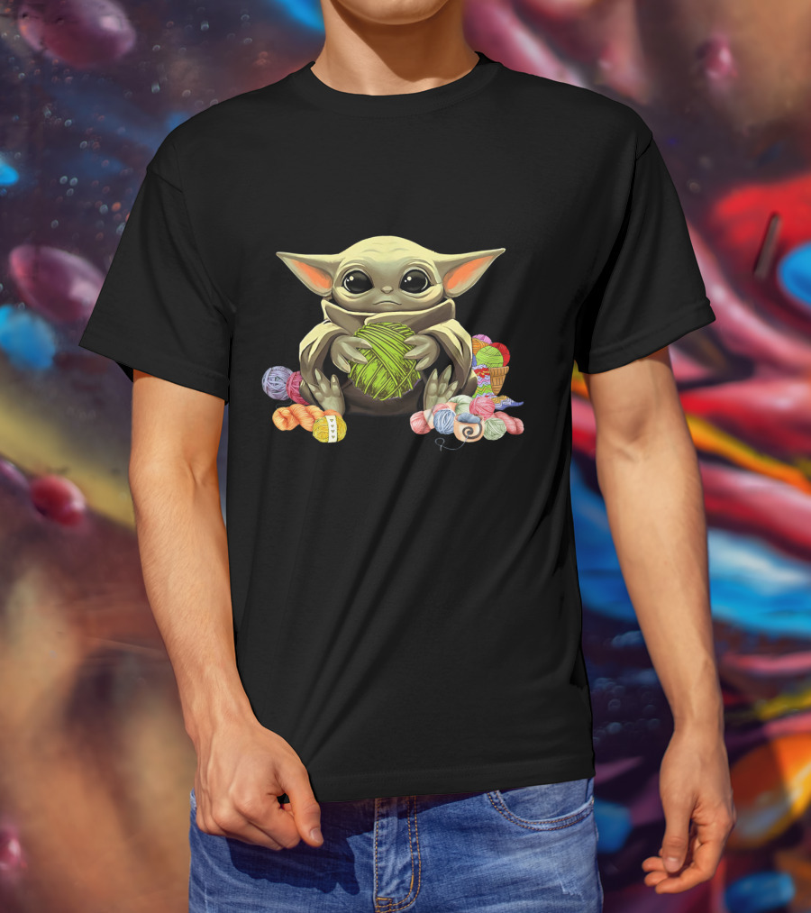 Yoda Baby Holding Yarn Surrounded By Colorful Wool Balls T-Shirt