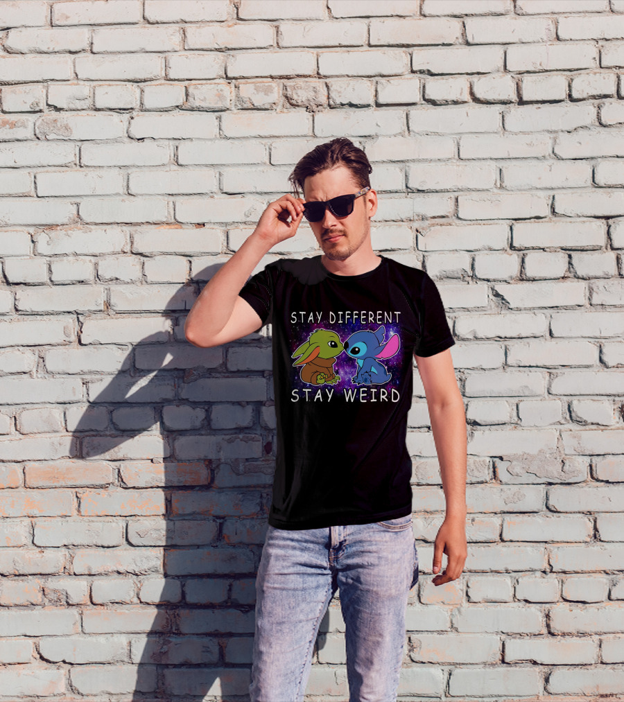 Stay Different Stay Weird Baby Yoda And Stitch Space Background T-Shirt