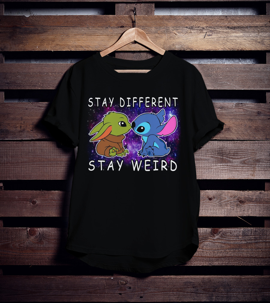 Stay Different Stay Weird Baby Yoda And Stitch Space Background T-Shirt