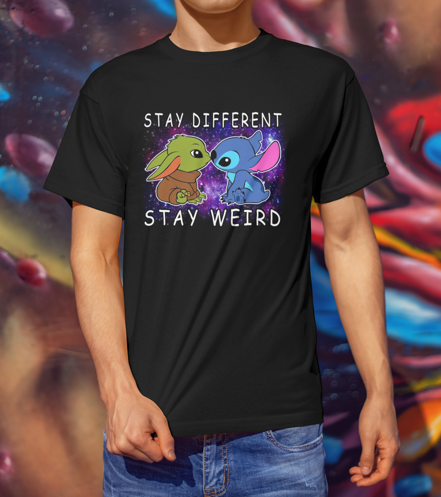 Stay Different Stay Weird Baby Yoda And Stitch Space Background T-Shirt