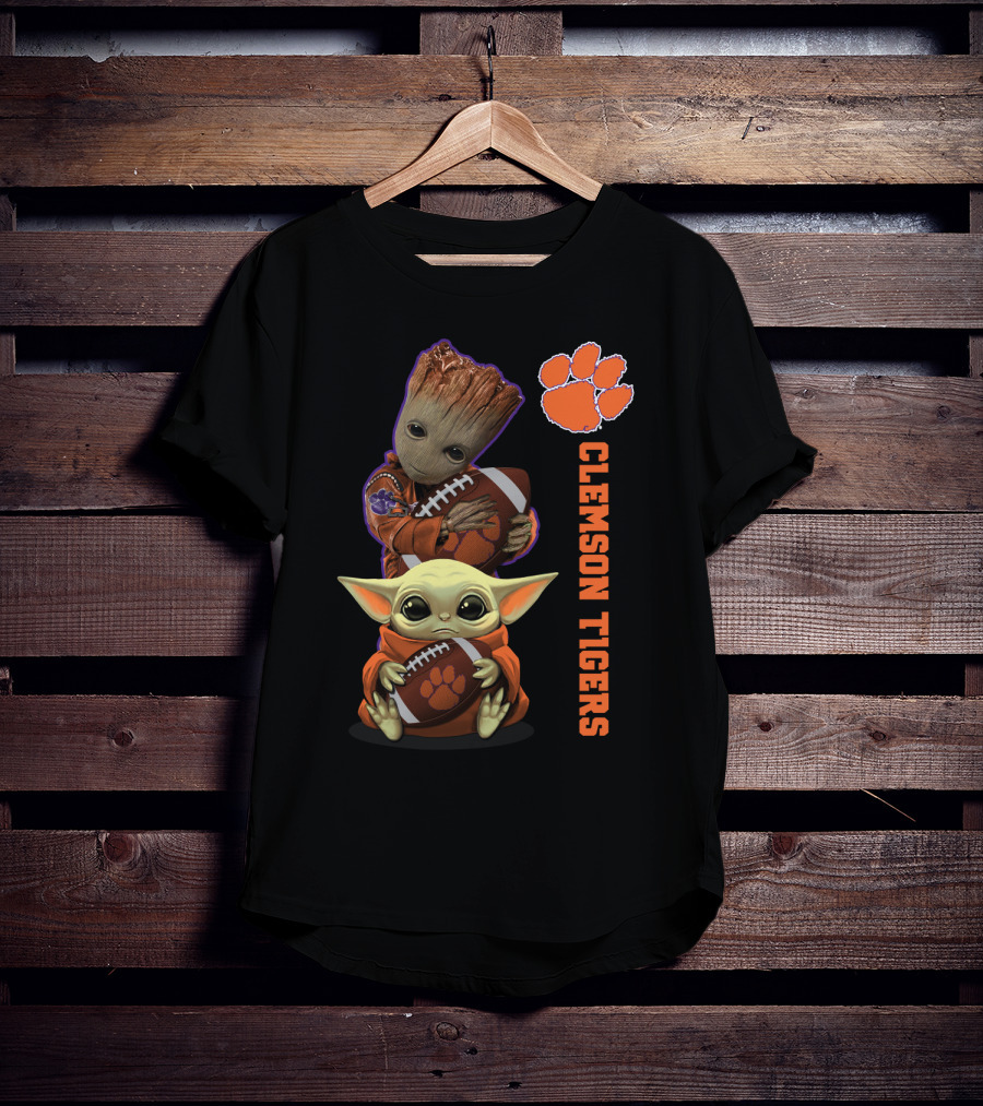 Clemson Tigers Ncaa Baby Groot And Baby Yoda Football Fans T-Shirt