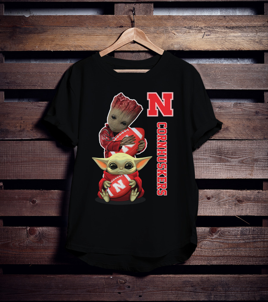 Nebraska Cornhuskers Groot And Baby Yoda Football T-Shirt