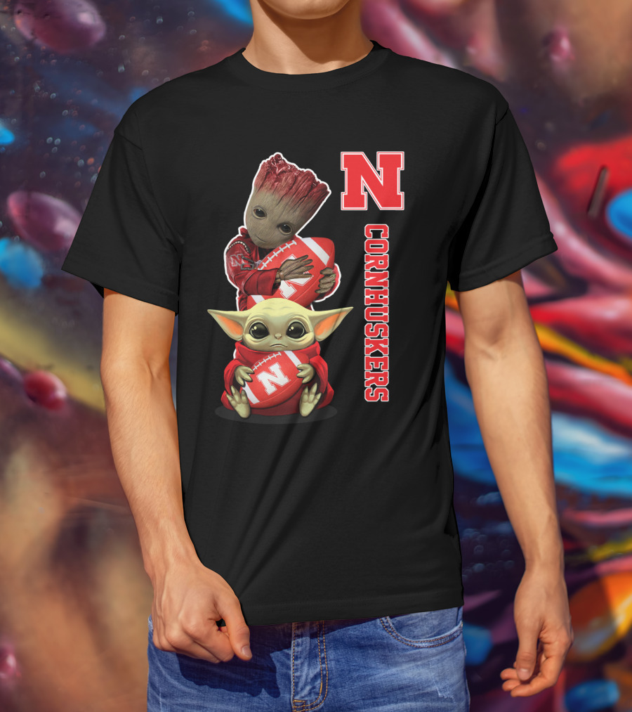 Nebraska Cornhuskers Groot And Baby Yoda Football T-Shirt