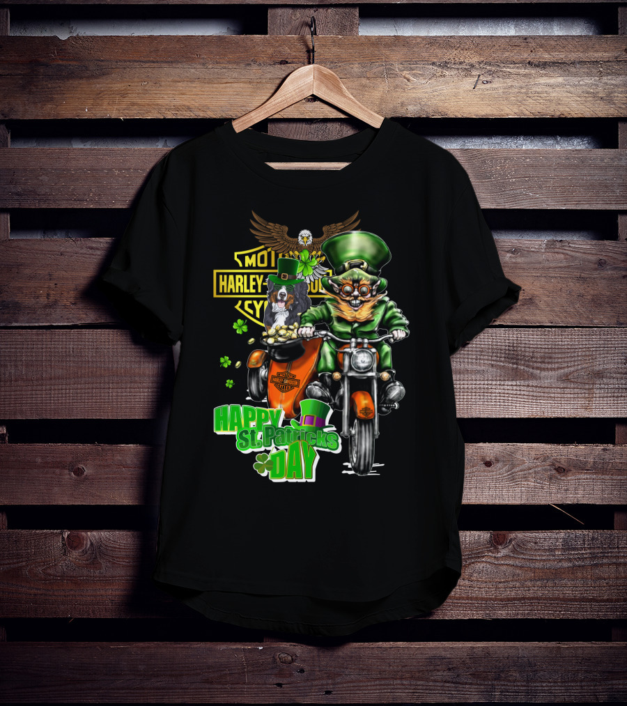 Happy St. Patrick's Day Harley Davidson Leprechaun And Bernese Mountain Dog Ride T-Shirt