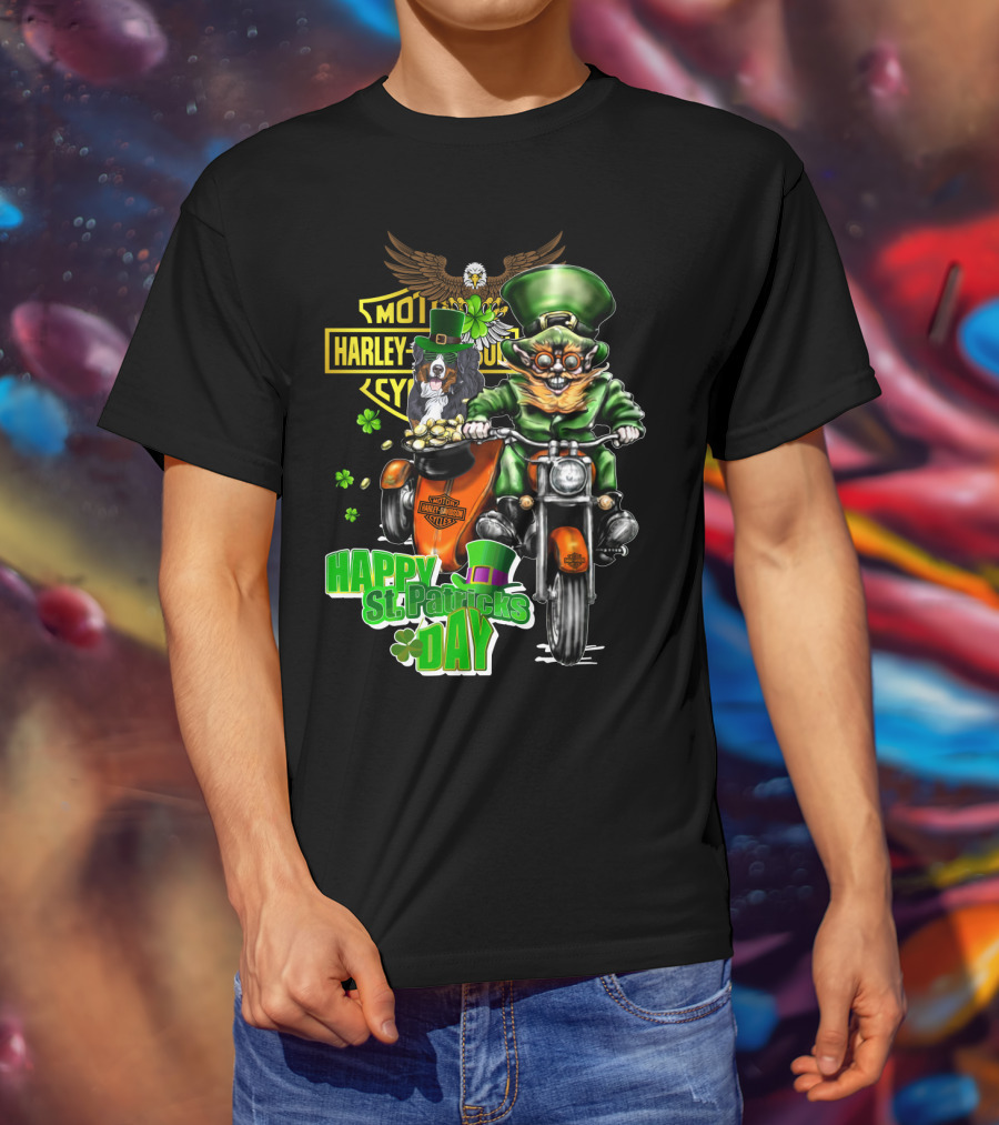 Happy St. Patrick's Day Harley Davidson Leprechaun And Bernese Mountain Dog Ride T-Shirt