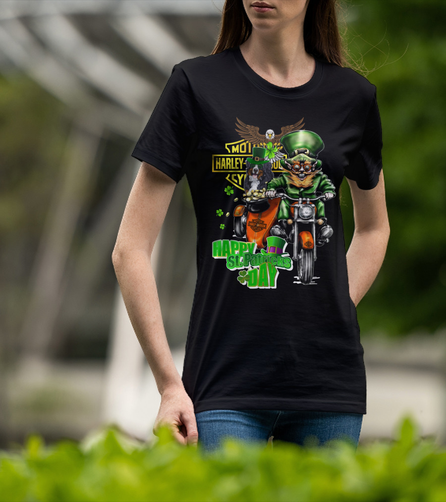 Happy St. Patrick's Day Harley Davidson Leprechaun And Bernese Mountain Dog Ride T-Shirt