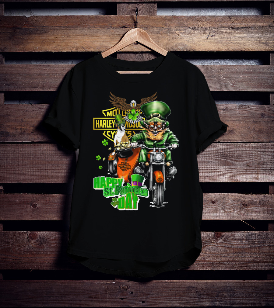 Happy St. Patricks Day Harley Davidson Motorcycles Cycle Riding Leprechaun And Boxer T-Shirt