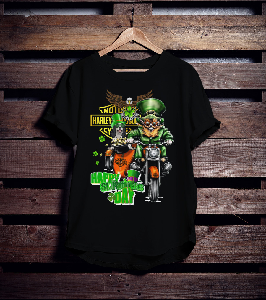 Harley Davidson Happy St. Patrick's Day Cavalier King Charles Spaniel Motorcycle Rider T-Shirt