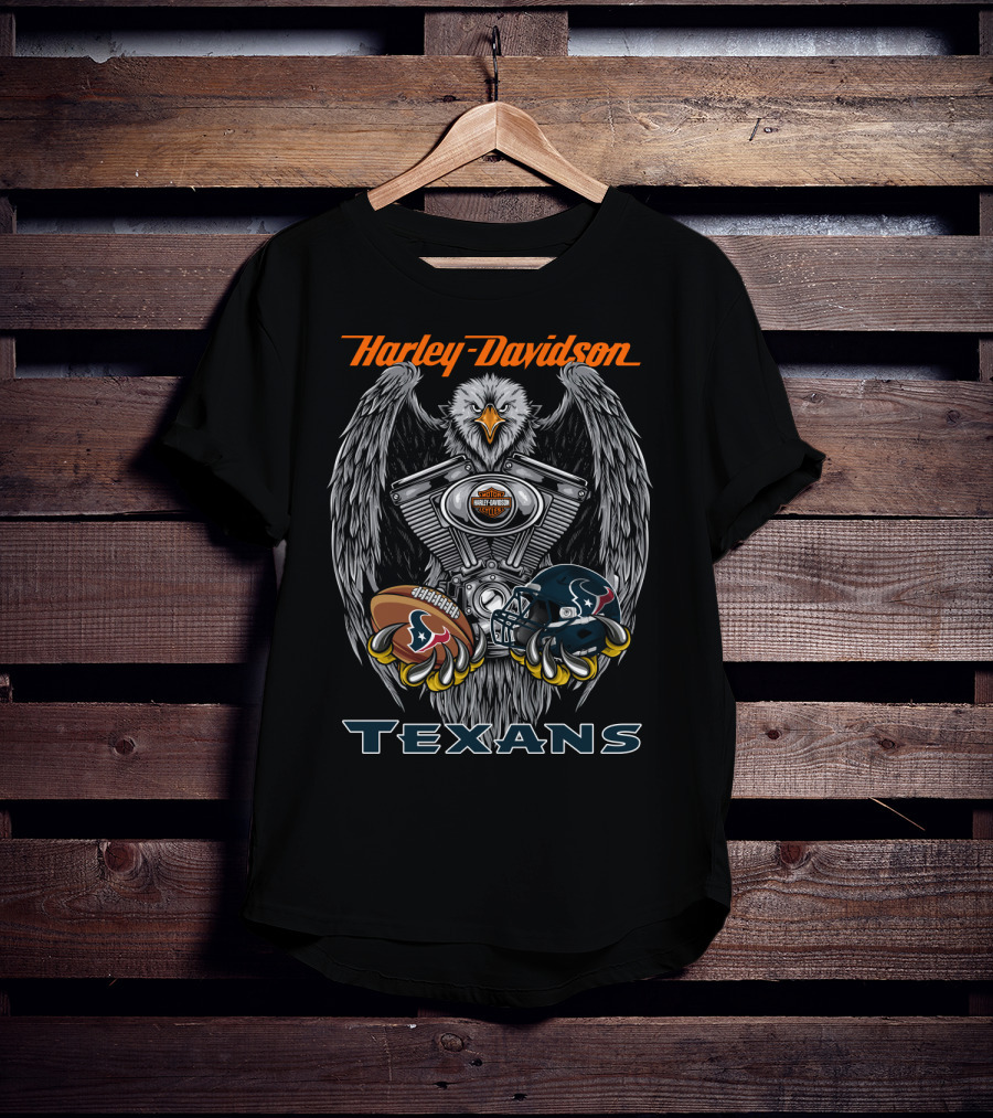 Harley Davidson Texans Football Eagle With Engine And Helmet T-Shirt