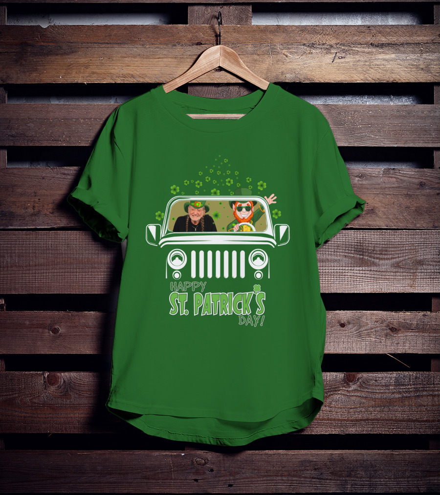 Happy St. Patrick's Day Willie Nelson 51 Jeep With Leprechaun And Clover Themes T-Shirt