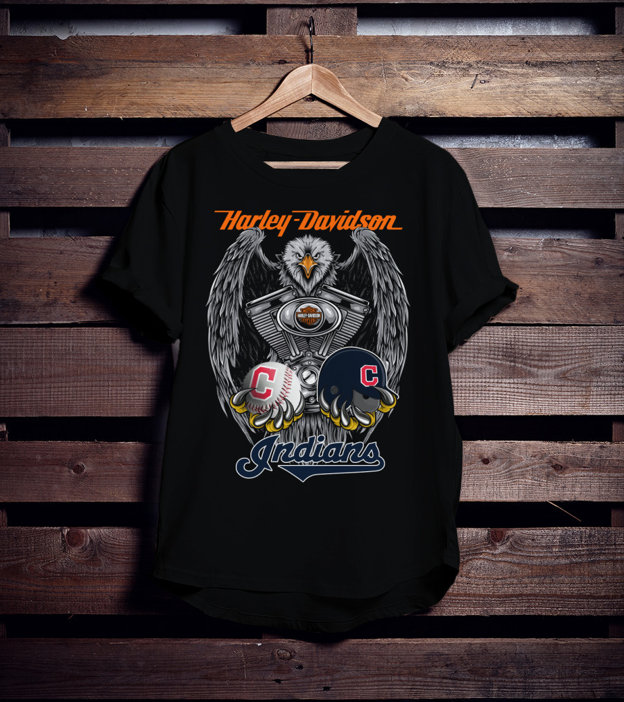 Harley Davidson Cleveland Indians Mlb Baseball Helmet And Engine Eagle T-Shirt
