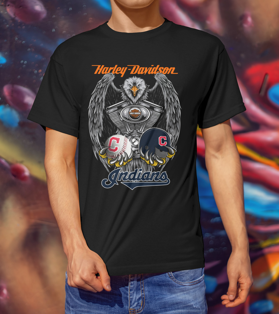 Harley Davidson Cleveland Indians Mlb Baseball Helmet And Engine Eagle T-Shirt