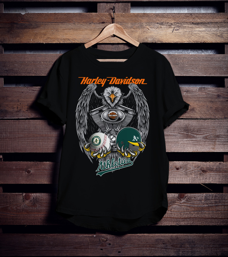 Harley Davidson Seattle Oakland Athletics A's Baseball Logo Eagle Engine T-Shirt