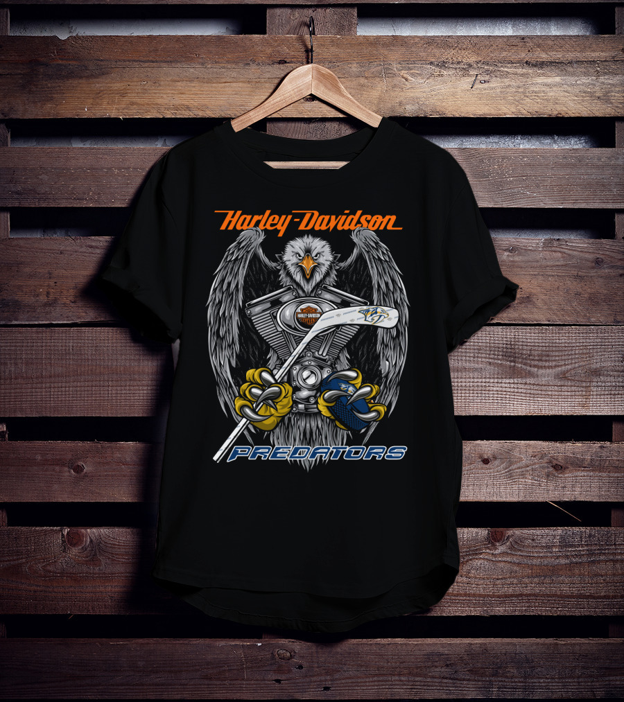 Harley Davidson Predators Nhl Eagles And Hockey Motif T-Shirt