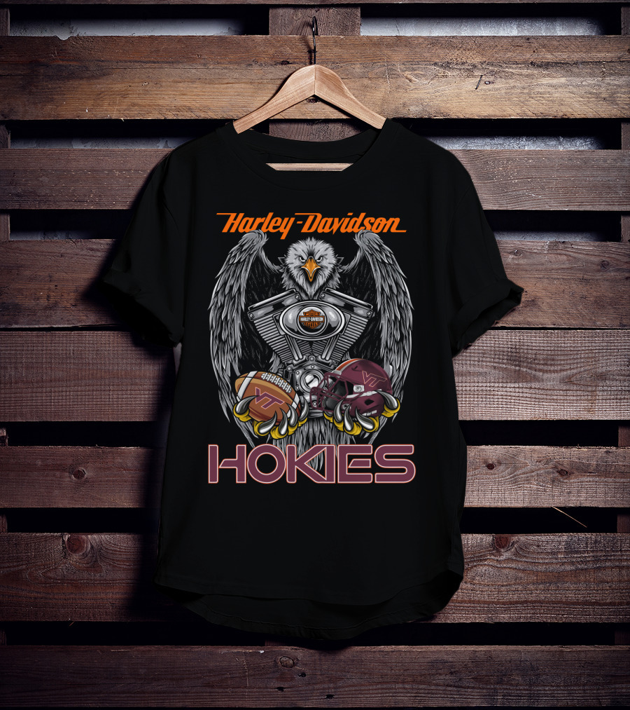 Harley Davidson Hokies Ncaa Football Helmet Engine Eagle T-Shirt