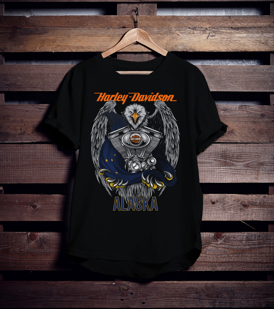 Harley Davidson Eagle With Engine And Alaska Flag T-Shirt