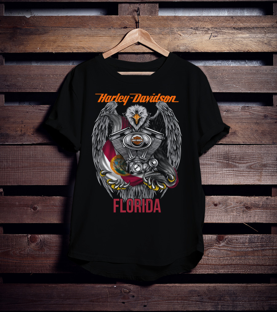 Harley Davidson Florida Eagle With Engine And State Flag T-Shirt