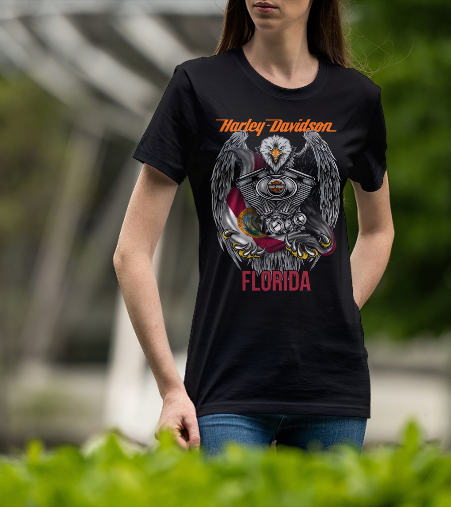Harley Davidson Florida Eagle With Engine And State Flag T-Shirt